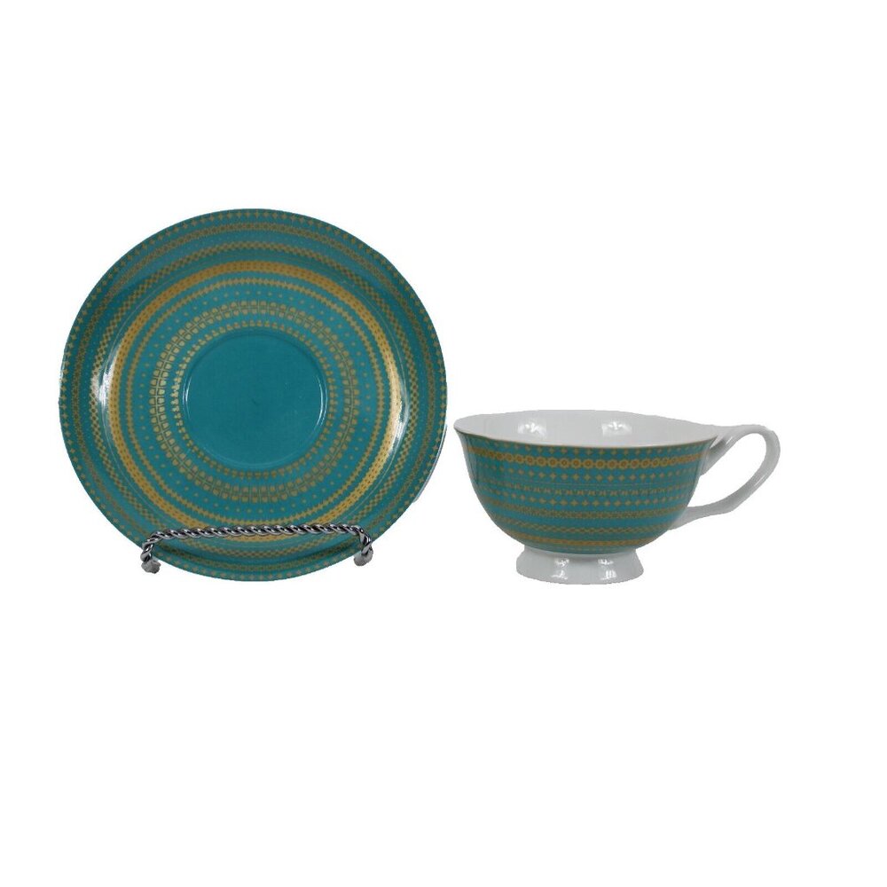 Stechcol Coastal Imports Gracie Green Gold Trim Bone China Tea Cup With Saucer